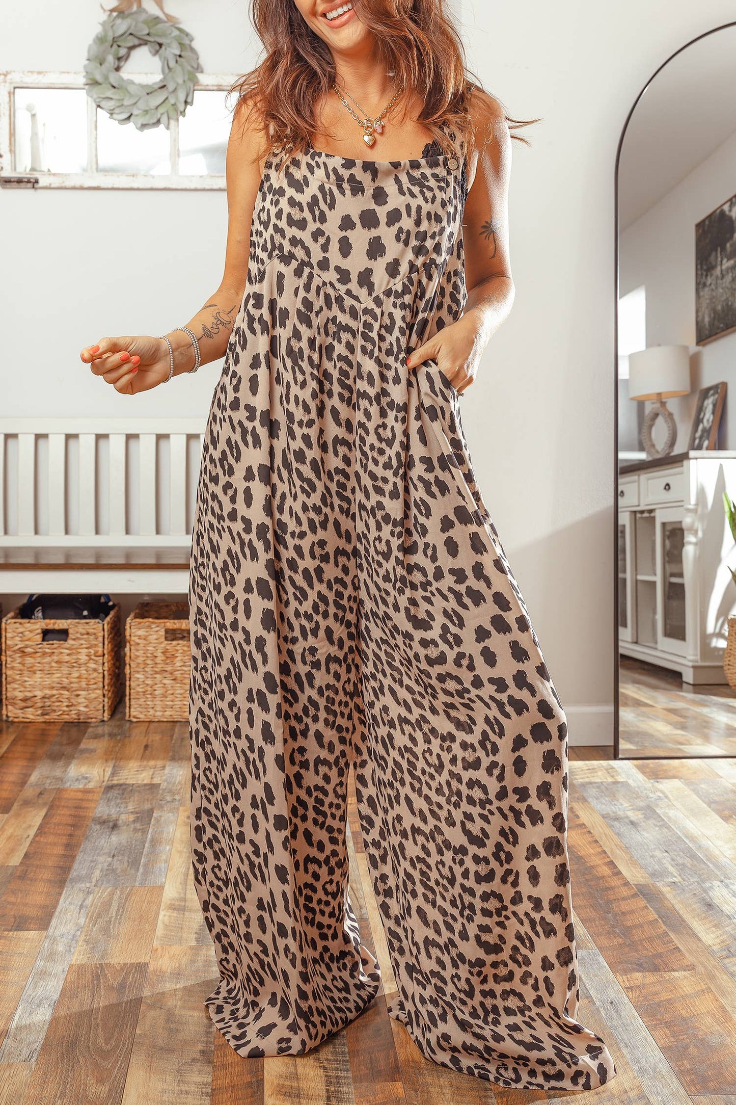 Leopard Square Neck Pleated Wide Leg Jumpsuit | Khaki