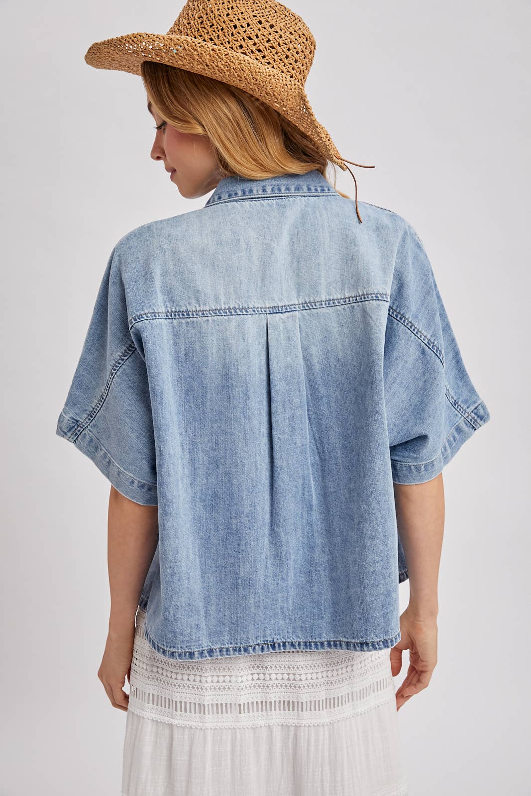 Denim Button Down Short Sleeve Boxy Shirt: Lt. Wash
