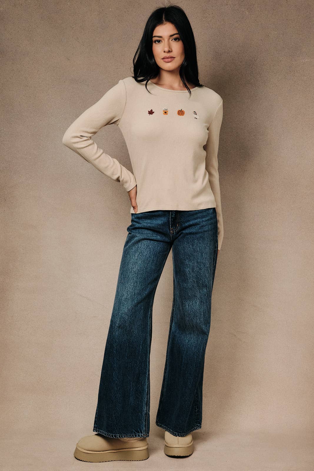 Autumn Favorites Long Sleeve Embroidery Top: Taupe