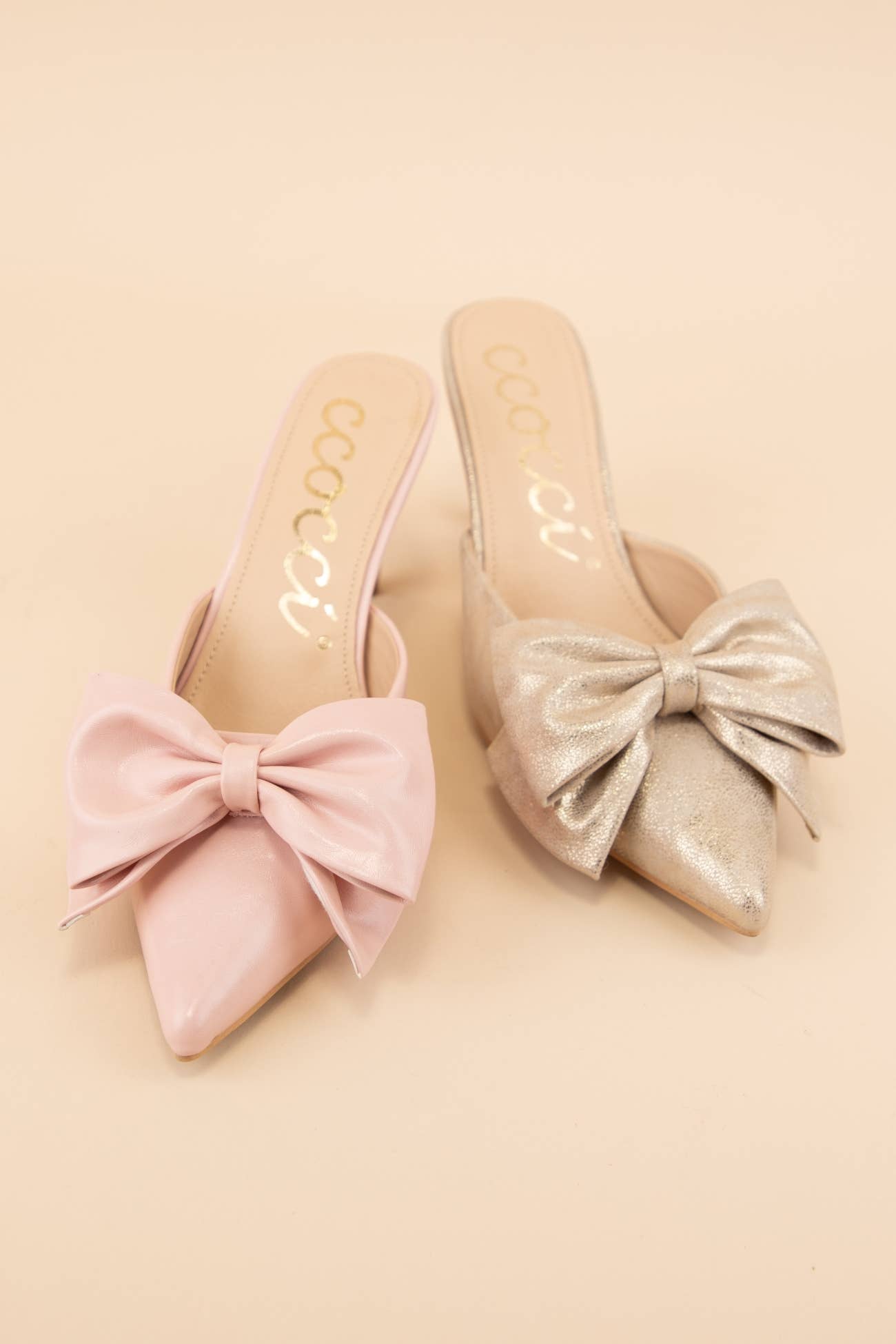 Carol Pointed Toe Kitten Heel Mules with Oversized Statement: Blush