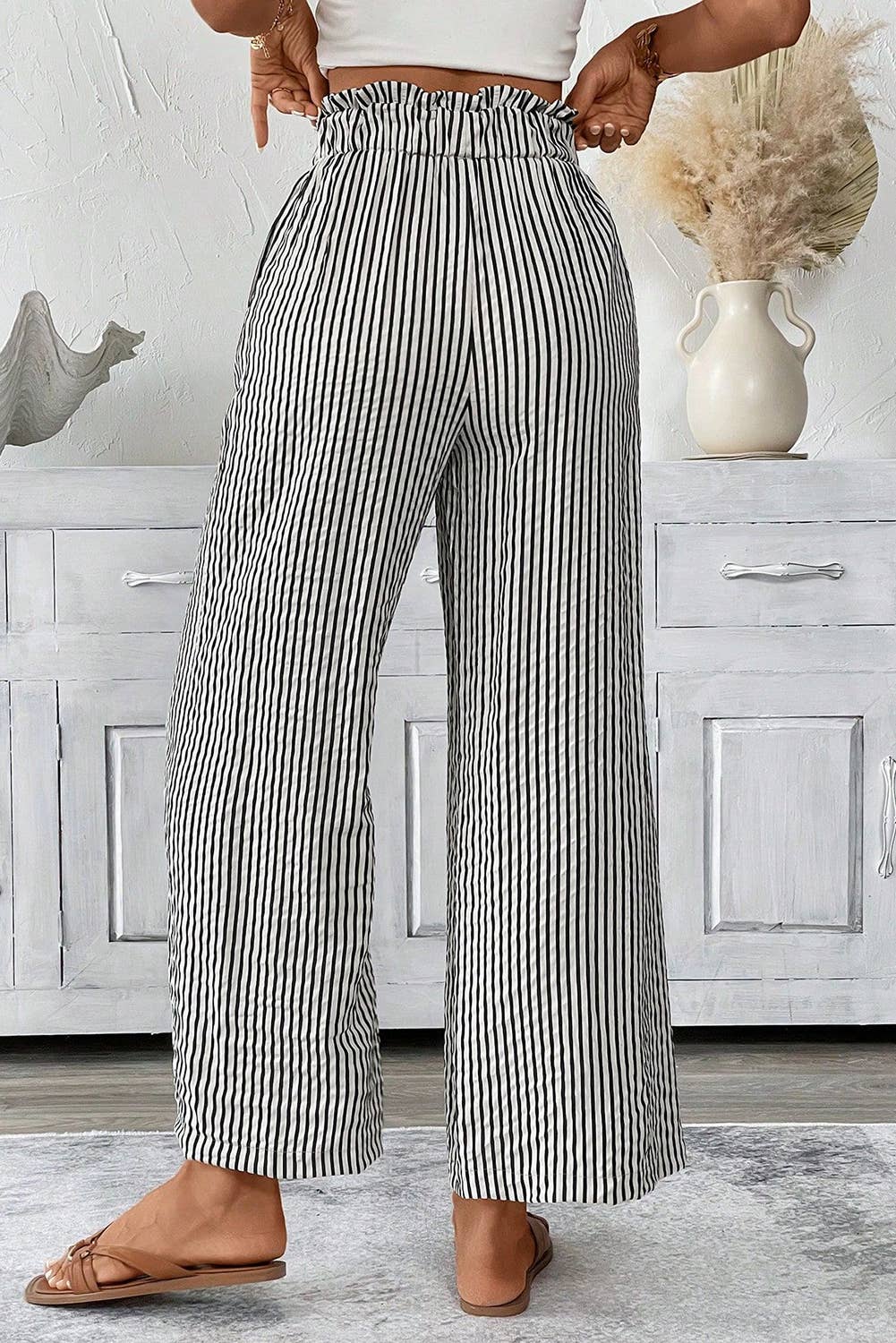 Striped Tie Knot Wide Leg Pants - Black
