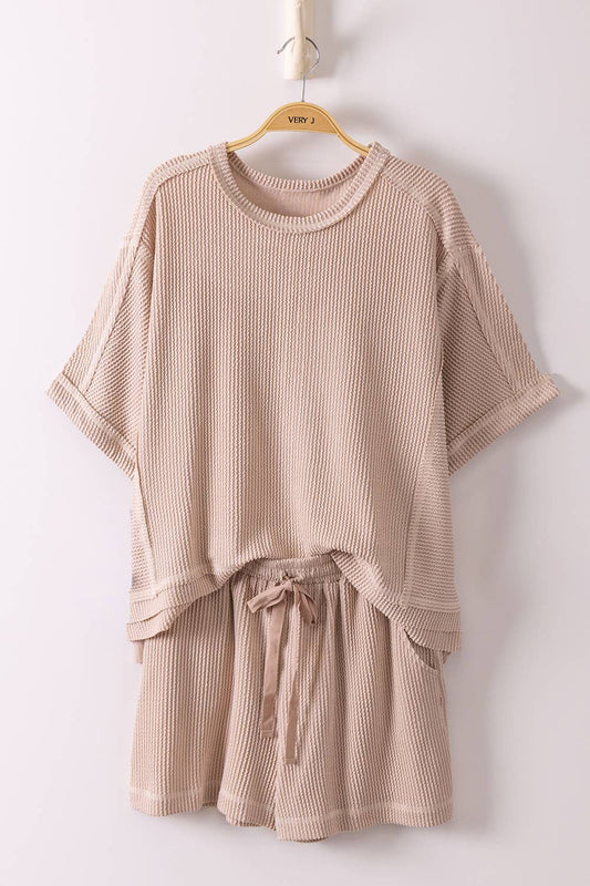 Everyday Ribbed Knit Comfy Top & Shorts Set: Oat