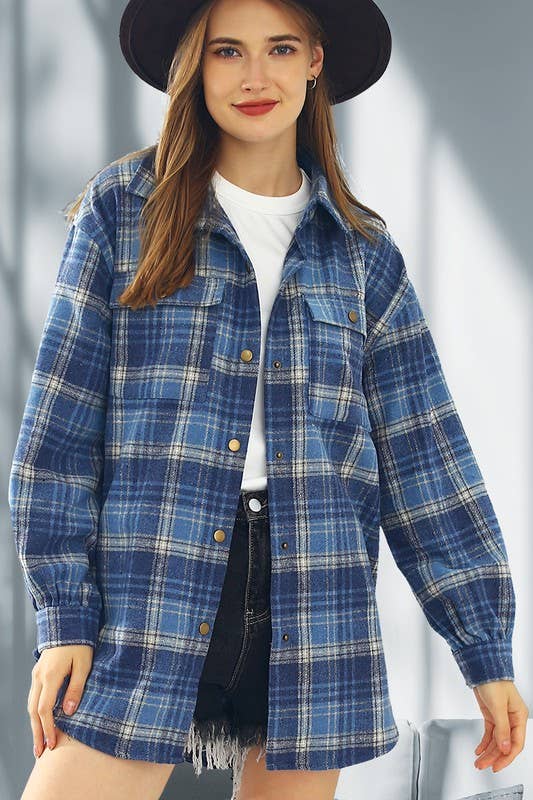 Flannel Plaid Shacket - Blue